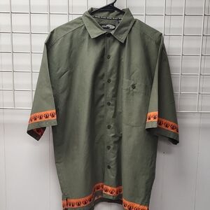 YING YANG MEN'S Graphic  Button-Up Shirt with Orange Flame Accents, Large